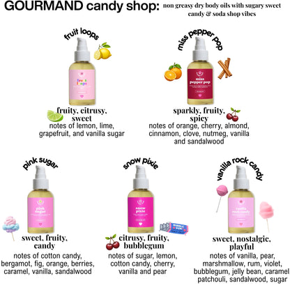 Gourmand candy shop scented body oil product line with bottles and descriptions on a white background