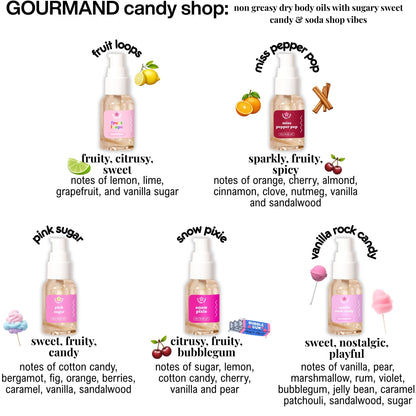Gourmand candy shop body oil lineup with bottles labeled for different scents.