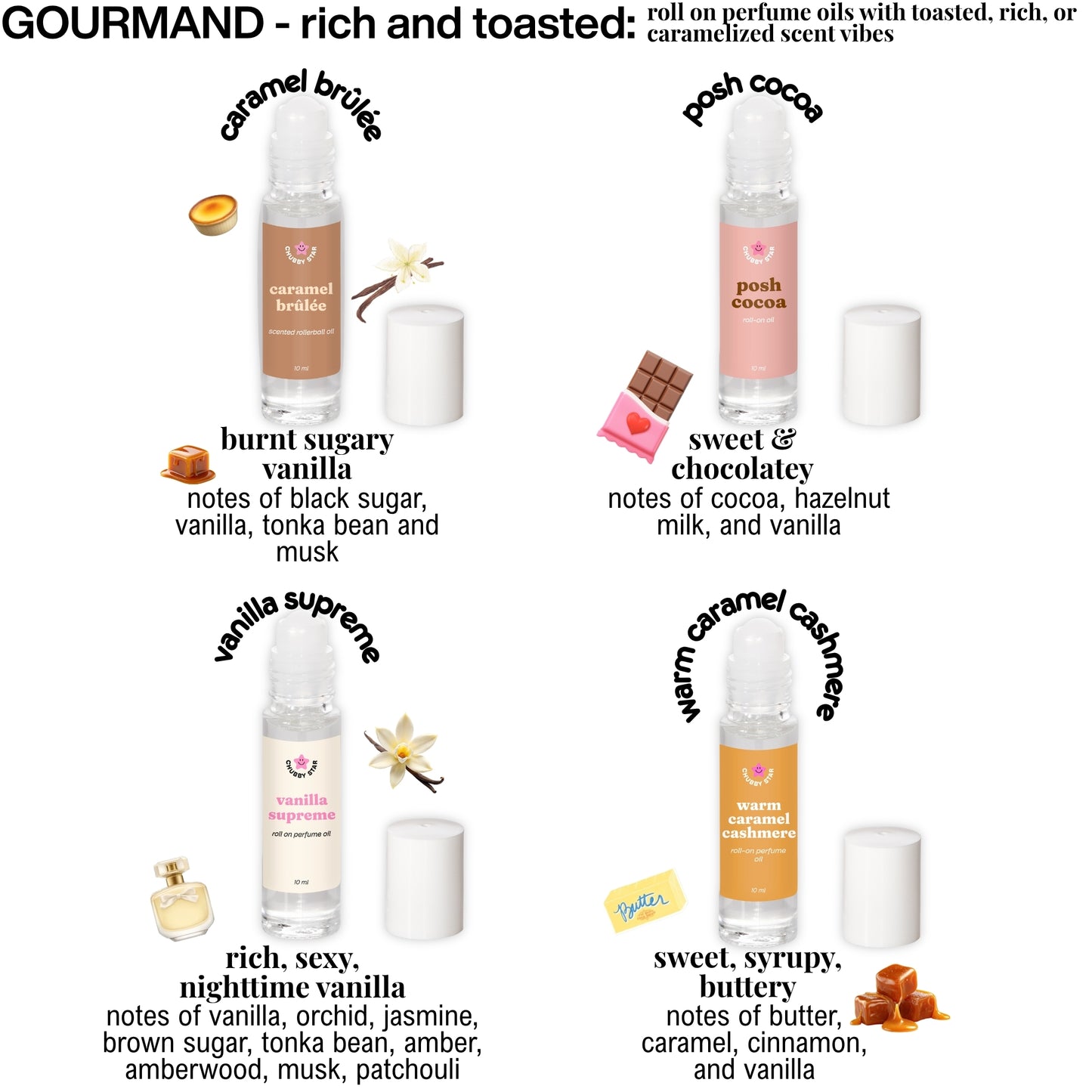 Gourmand rich and toasted scented collection of perfume oil bottles with descriptive text on a white background