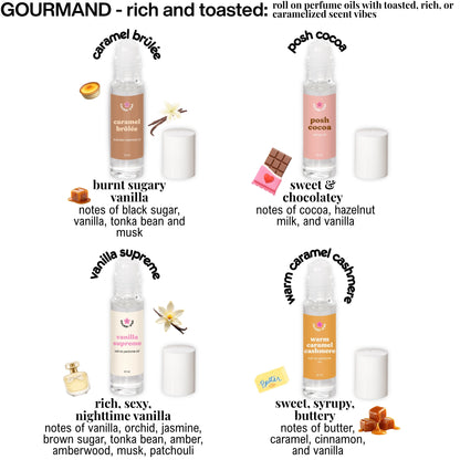 Gourmand rich and toasted scented collection of perfume oil bottles with descriptive text on a white background