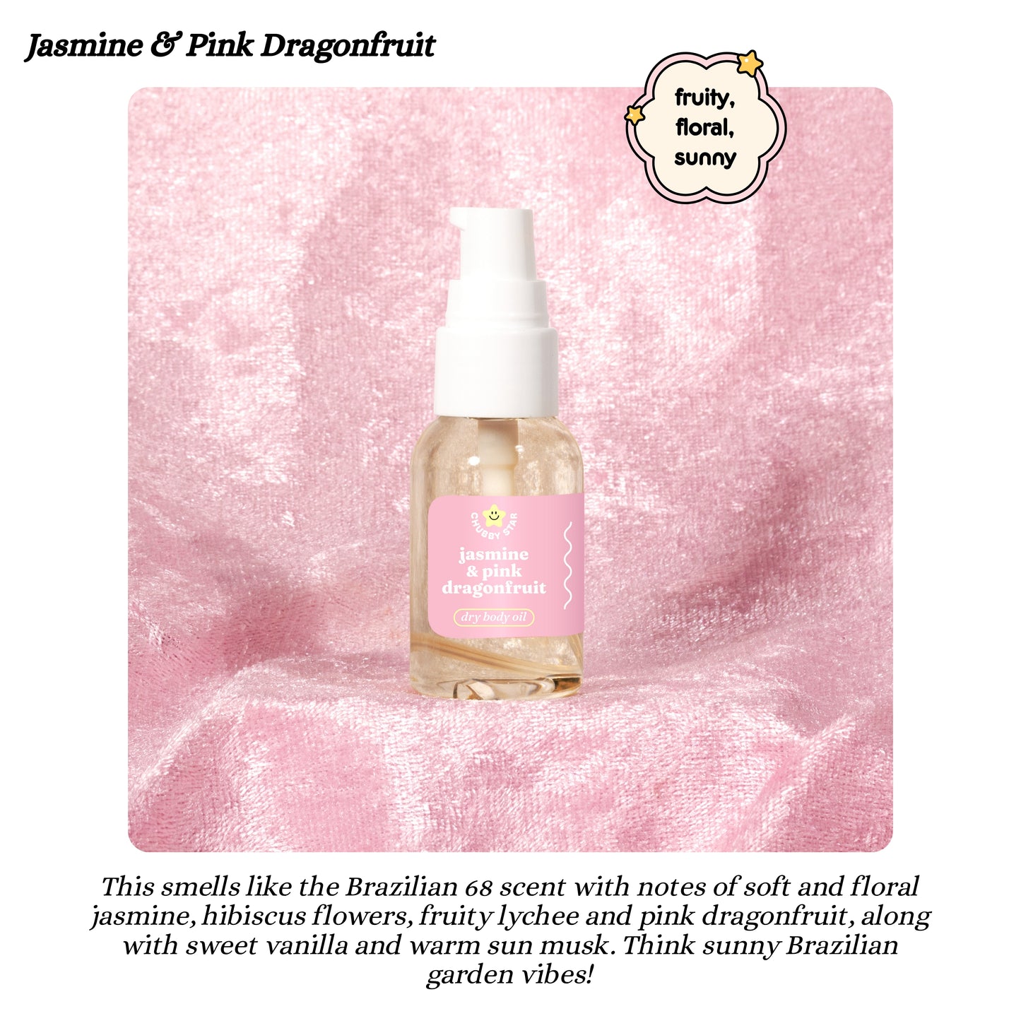 Bottle of Jasmine & Pink Dragonfruit dry body oil on a pink marble background