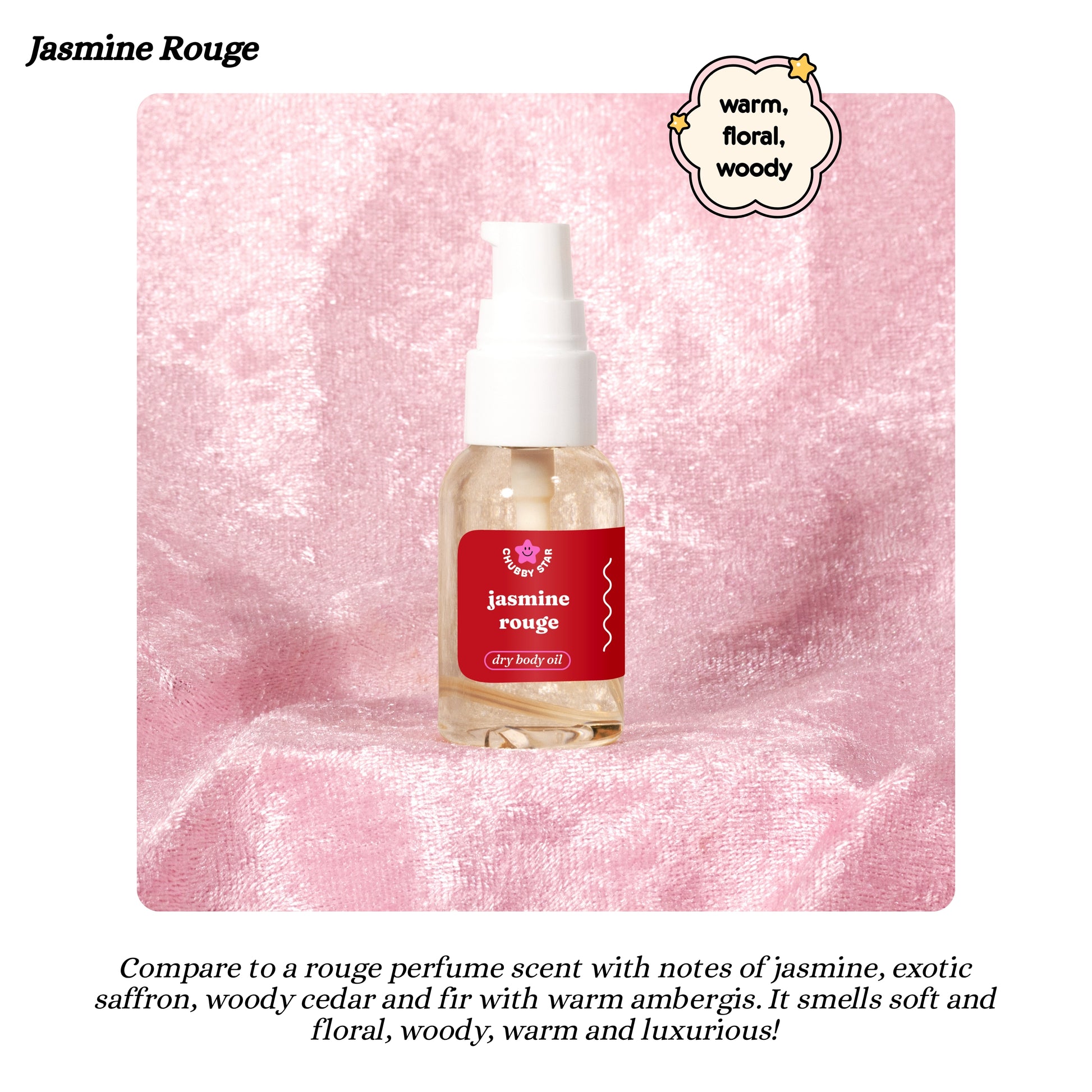 Bottle of Jasmine Rouge dry body oil on a pink textured background
