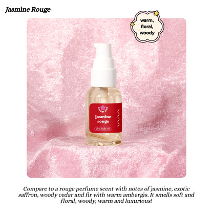 Bottle of Jasmine Rouge dry body oil on a pink textured background