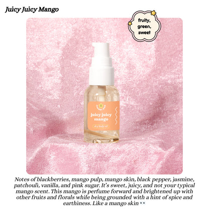 Juicy Juicy Mango body oil bottle on a pink textured background