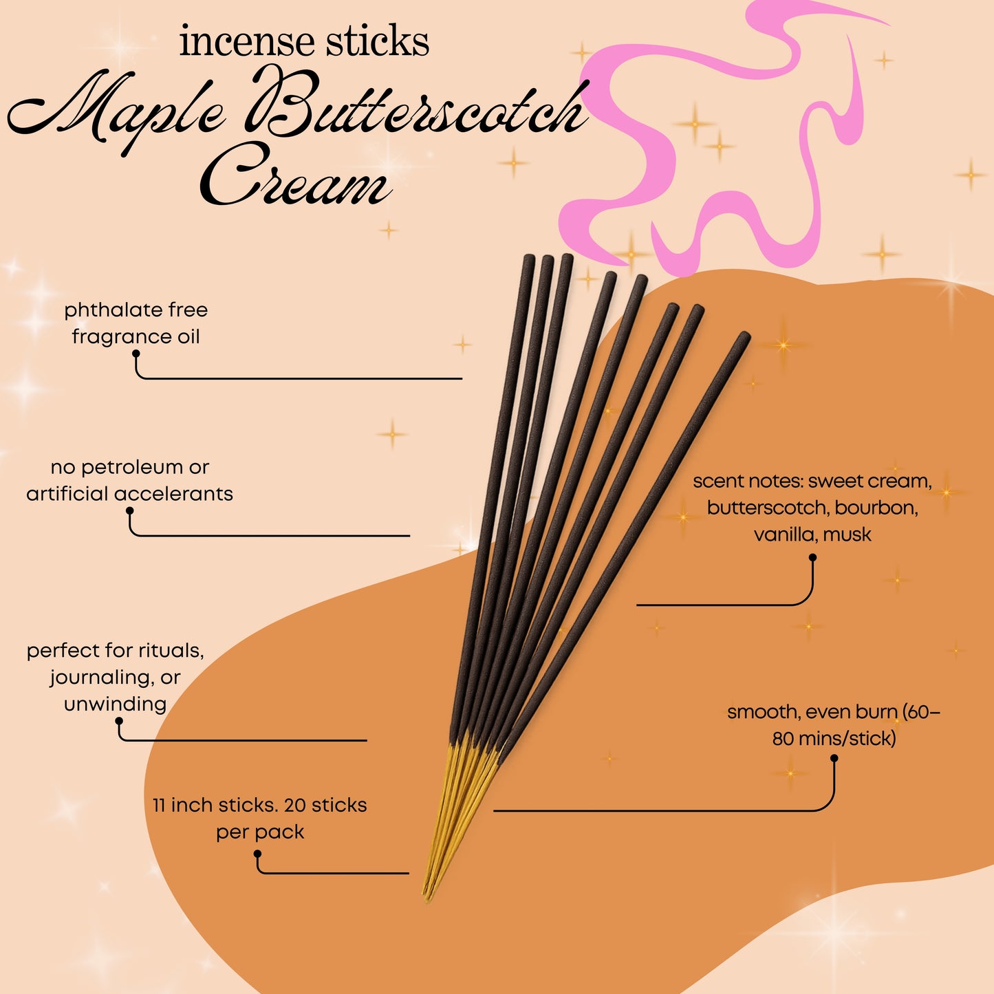 maple butterscotch cream scented Incense sticks with product details on a beige background