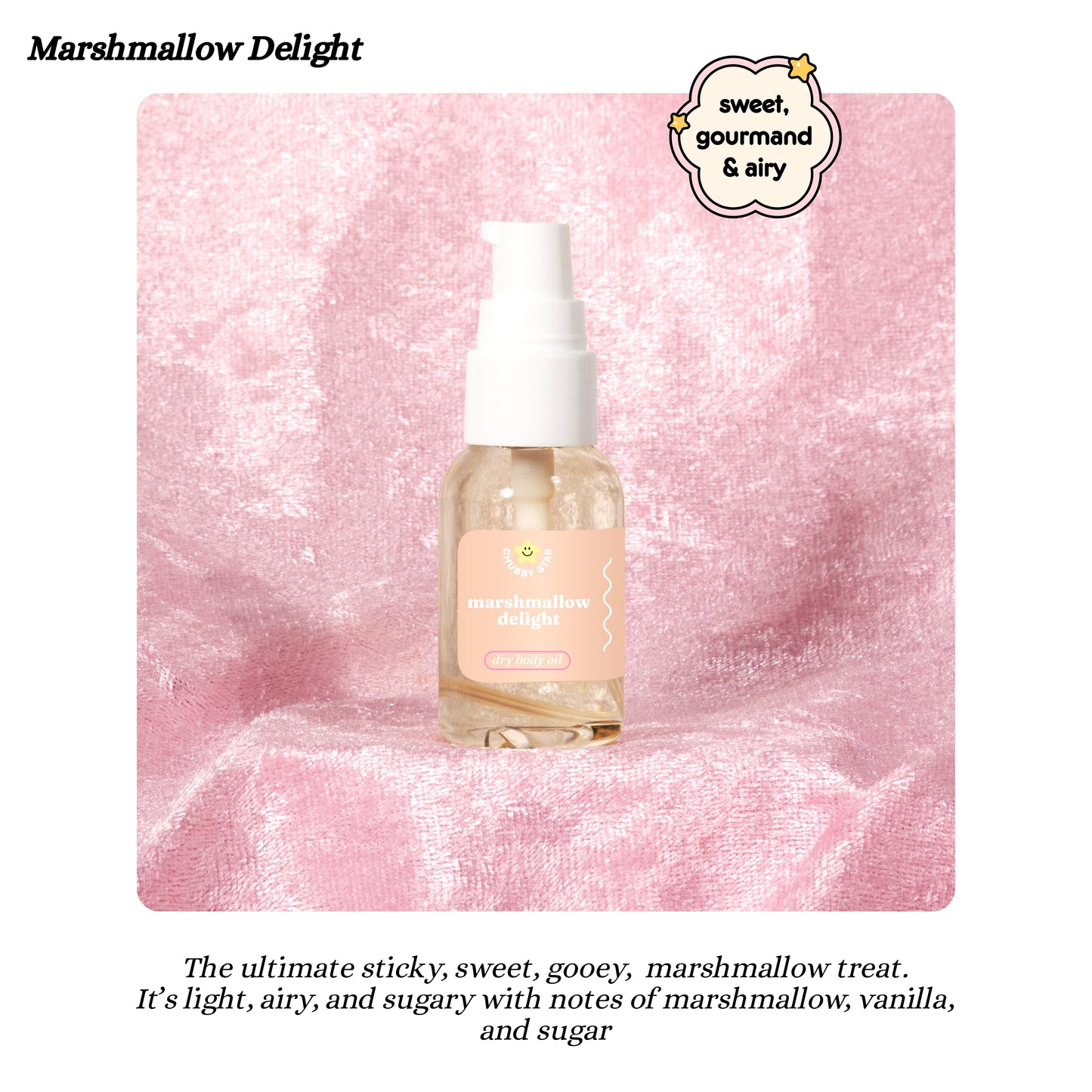 Bottle of Marshmallow Delight body oil on a pink textured background