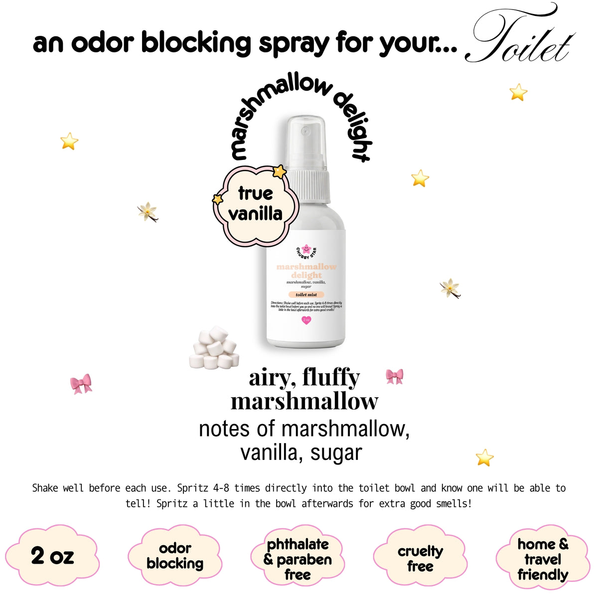 A white spray bottle of Marshmallow Delight a 'True Vanilla' scented odor blocking spray for toilets, shown on a white background with decorative stars and text describing its airy, fluffy marshmallow scent.