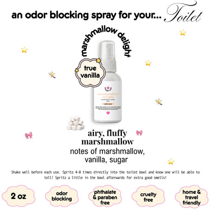 A white spray bottle of Marshmallow Delight a 'True Vanilla' scented odor blocking spray for toilets, shown on a white background with decorative stars and text describing its airy, fluffy marshmallow scent.