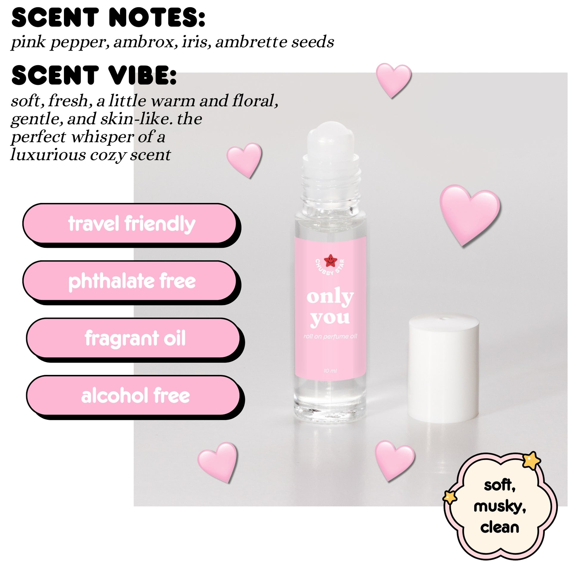 Only You perfume oil Roll-on bottle with pink label on a white background, surrounded by heart shapes and descriptive text about scent notes and features.