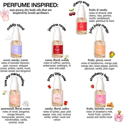 Bottles of non-greasy dry body oils inspired by iconic perfumes with descriptions of their scents.