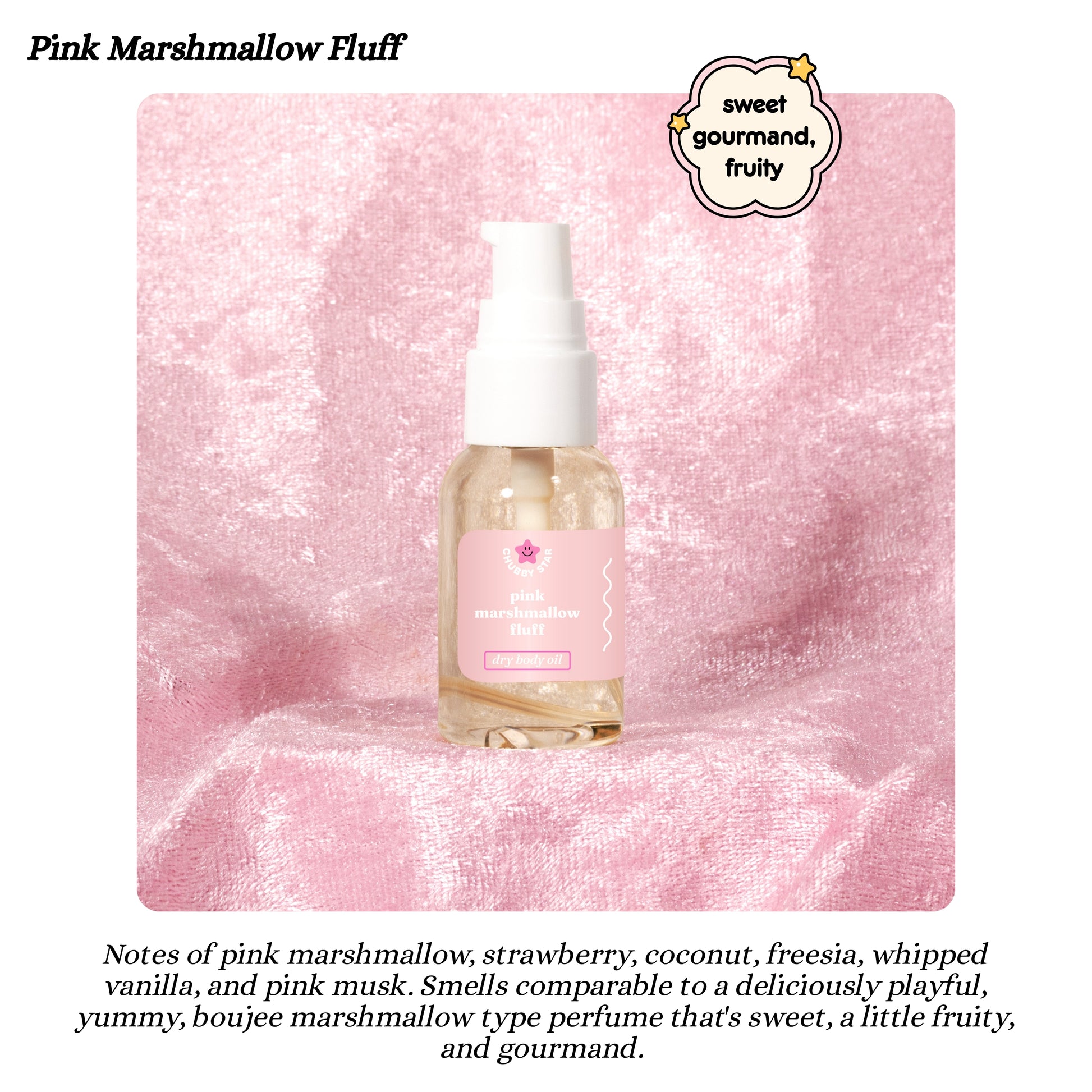 pink marshmallow fluff scent dry body oil bottle with pink label on a pink textured background