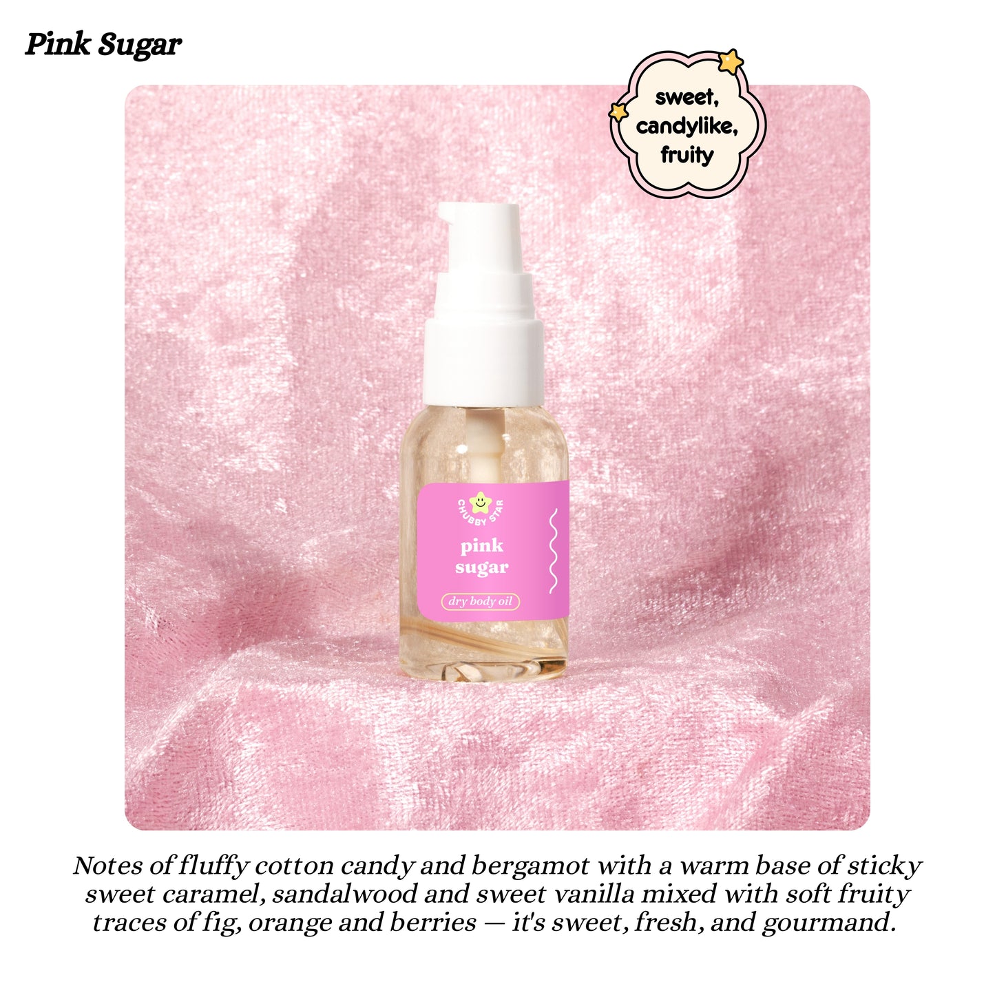Bottle of 'Pink Sugar' scent body oil on a pink textured background with product description text.