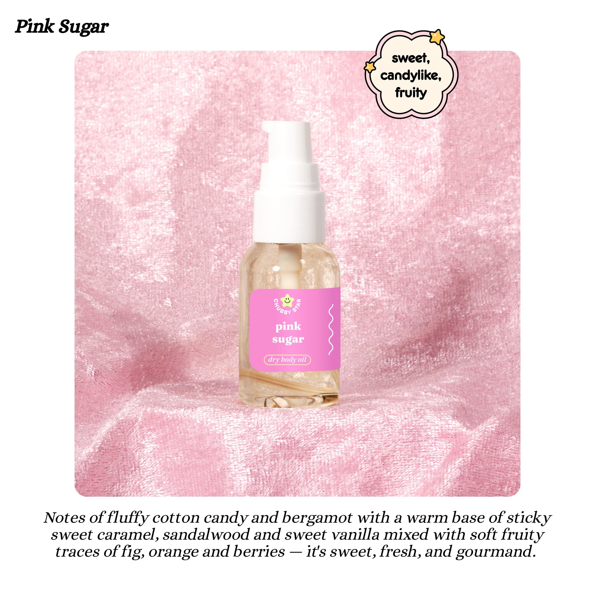 Bottle of 'Pink Sugar' scent body oil on a pink textured background with product description text.