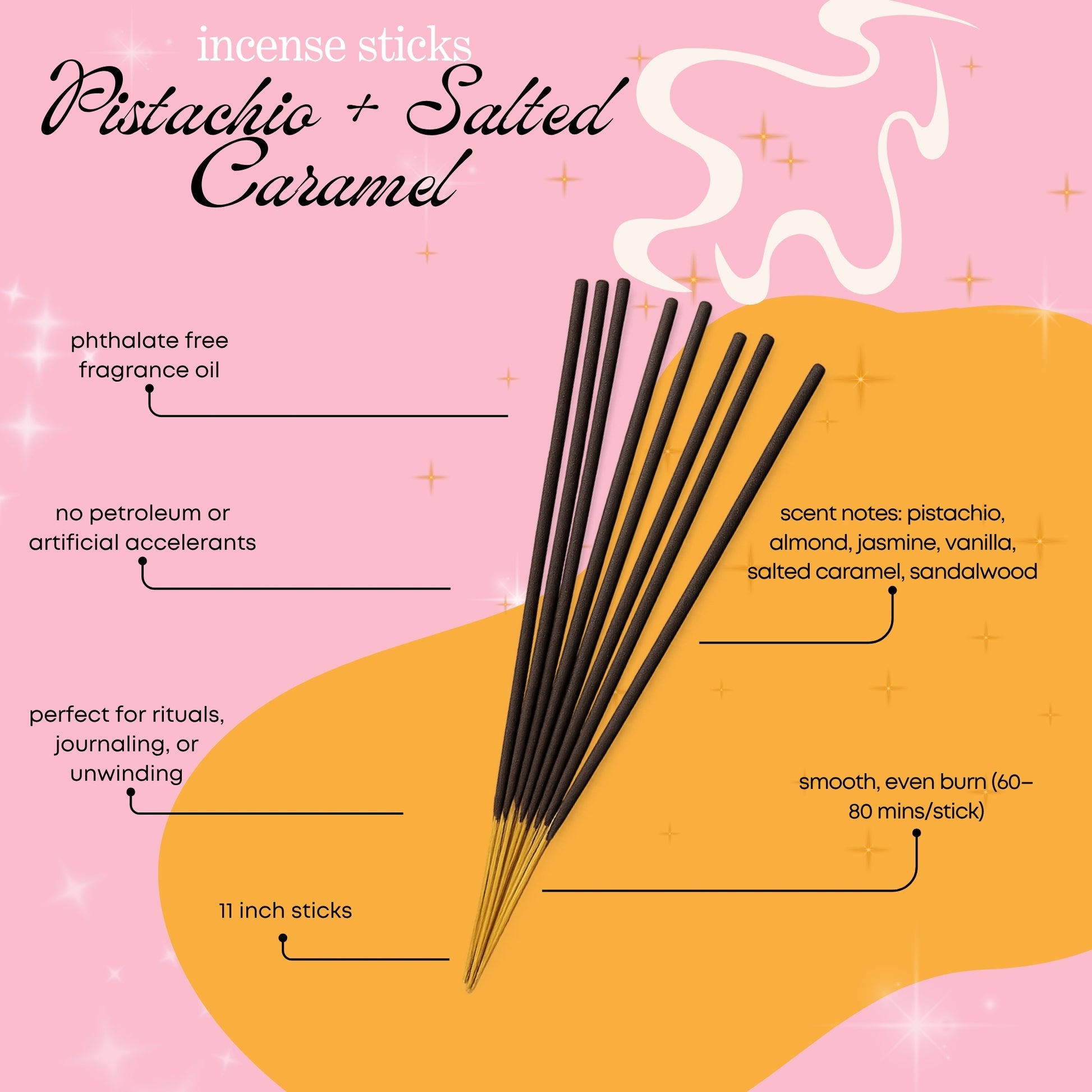 Pistachio Salted Caramel incense sticks with product details on a pink and yellow background, made by Chubby Star