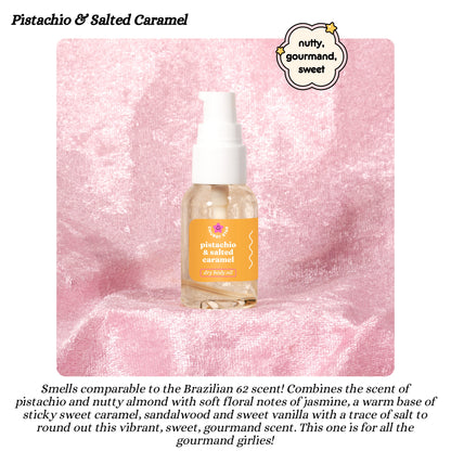 Pistachio & Salted Caramel sdj 62 body oil on a pink textured background with descriptive text.