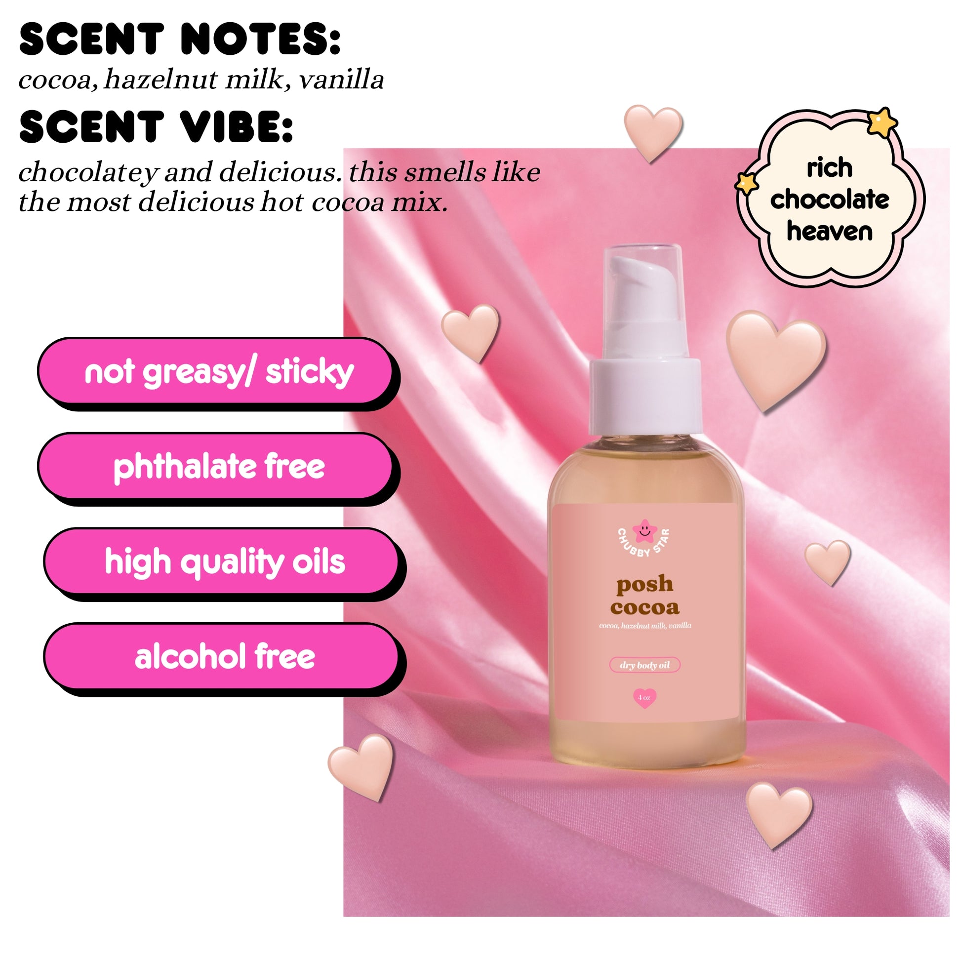Product bottle with 'push cocoa' label on a pink background with heart shapes and text about product features.