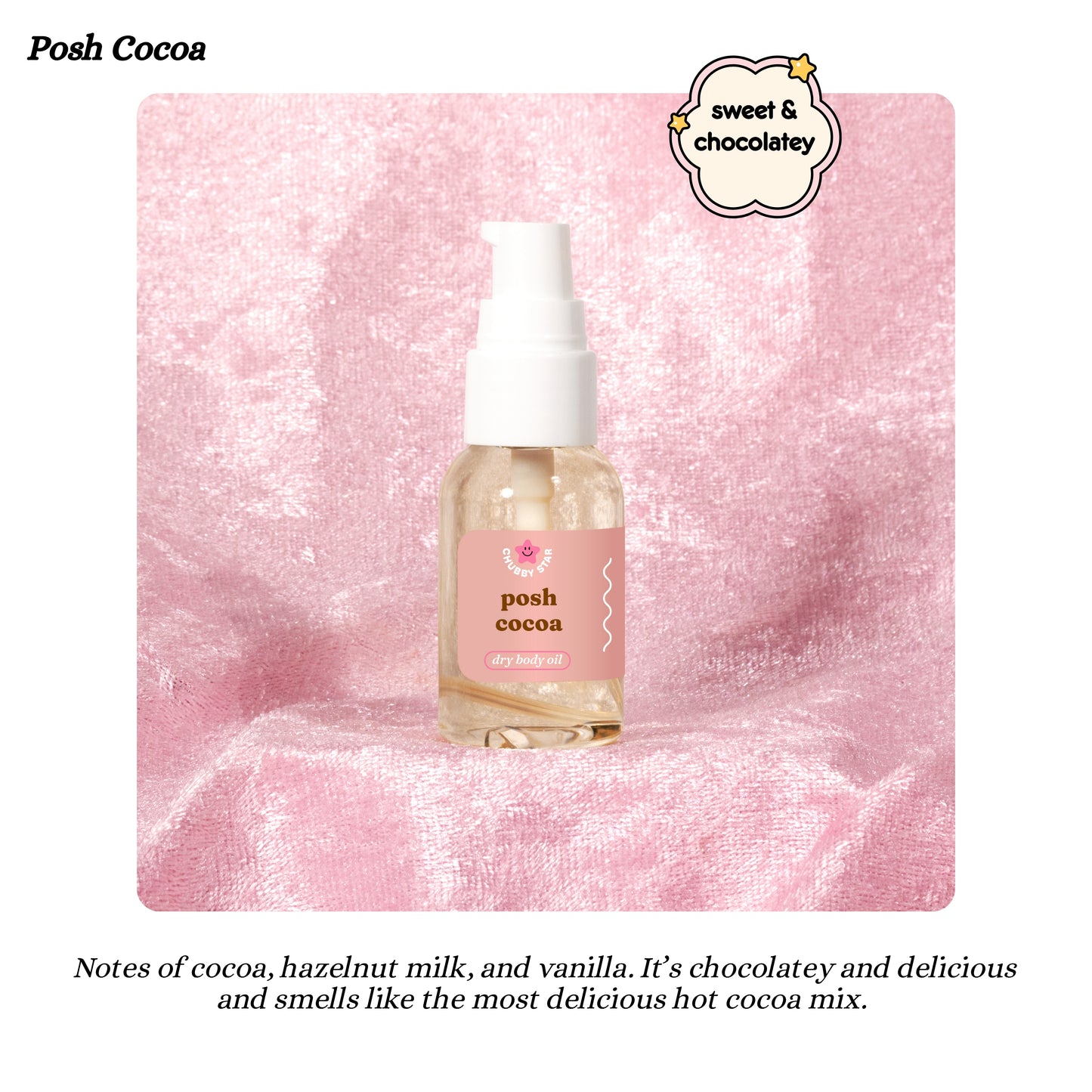 Posh Cocoa body oil bottle on a pink textured background with brand name and description text.