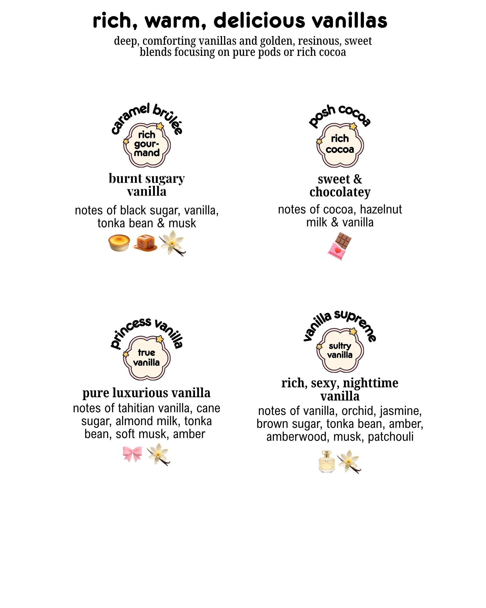 an image with different scents by chubby star that fall under the rich, warm, and delicious vanillas scent category 