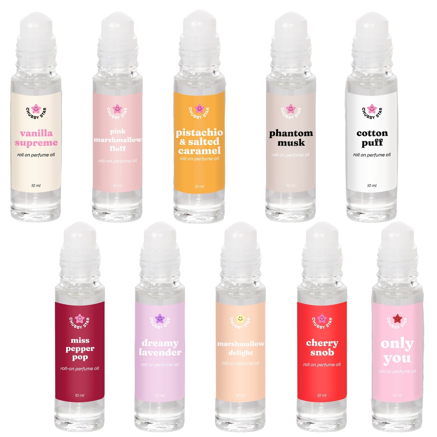 Set of small perfume oil rollerball bottles with colorful labels on a white background