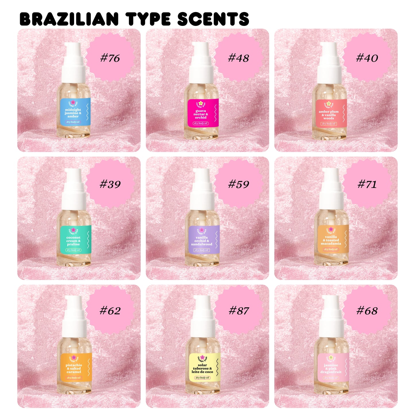 Grid of Brazilian Type Scents bottles with labels on a pink textured background