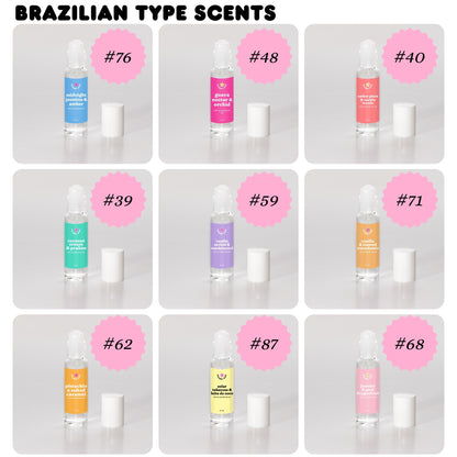 Grid of small bottles with labels and pink circles indicating scents, labeled 'BRAZILIAN TYPE SCENTS'.