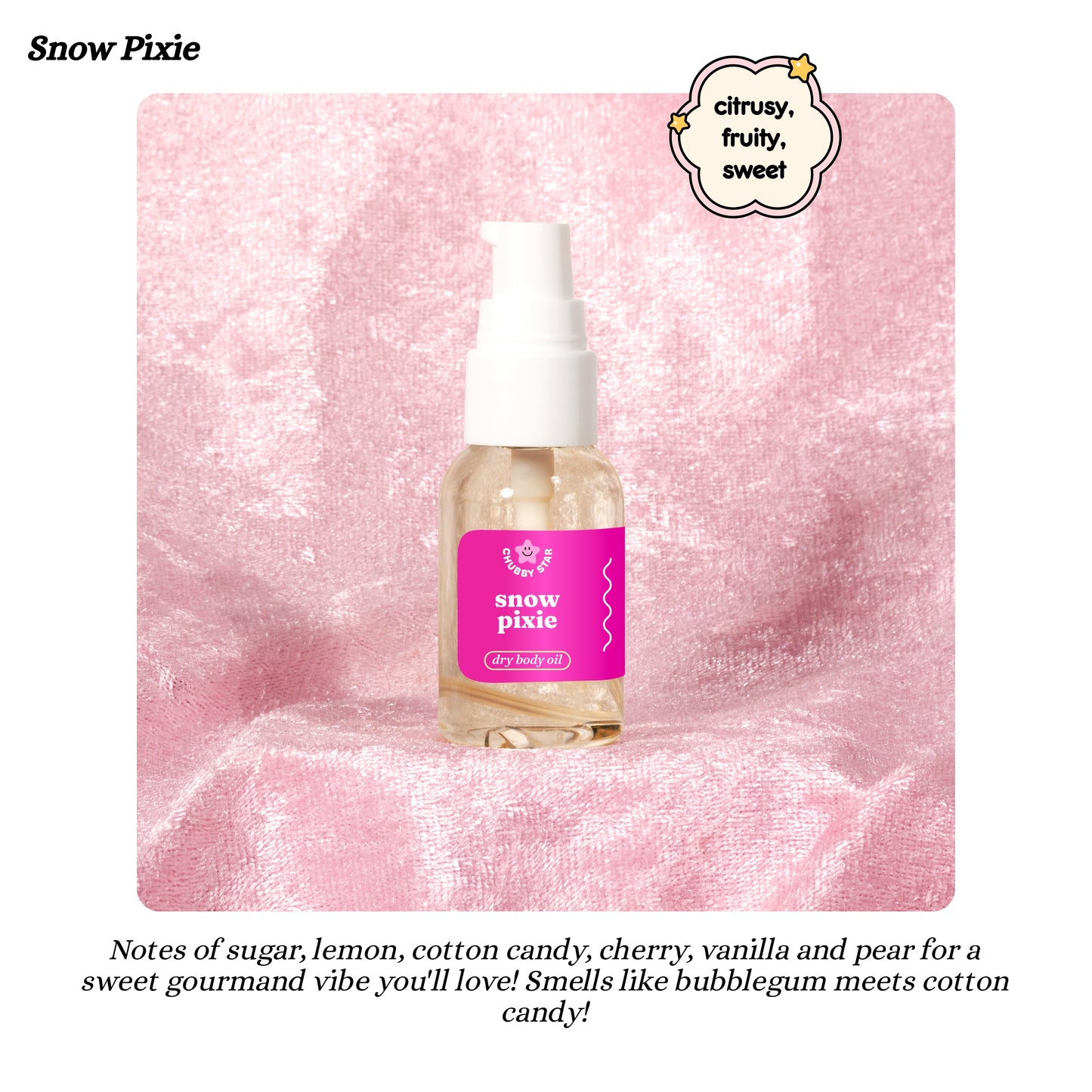 Snow Pixie dry body oil bottle on a pink textured background with product description text.