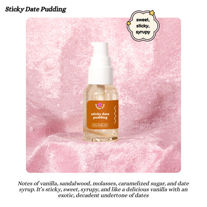 Bottle of 'Sticky Date Pudding' dry body oil on a pink textured background