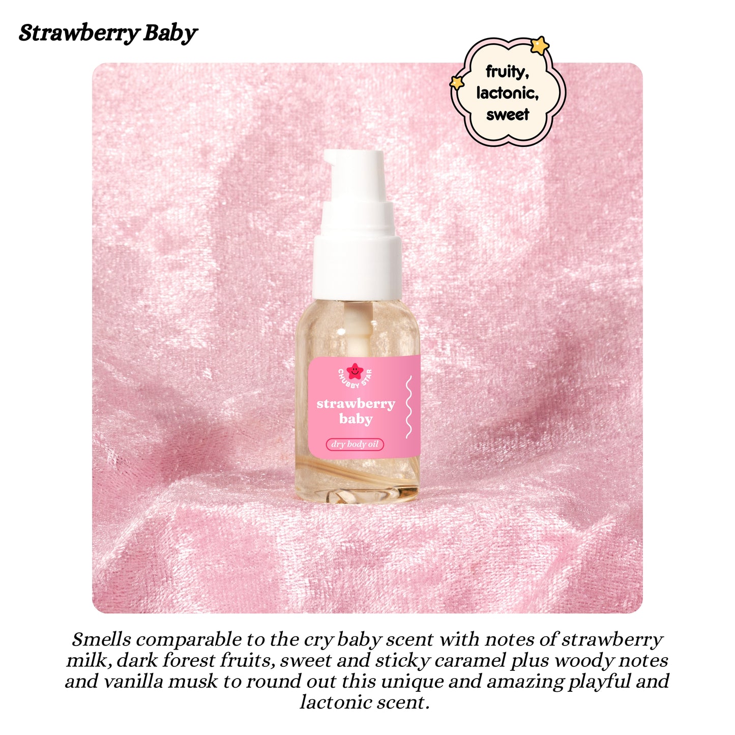 Bottle of 'Strawberry Baby' product on a pink textured background