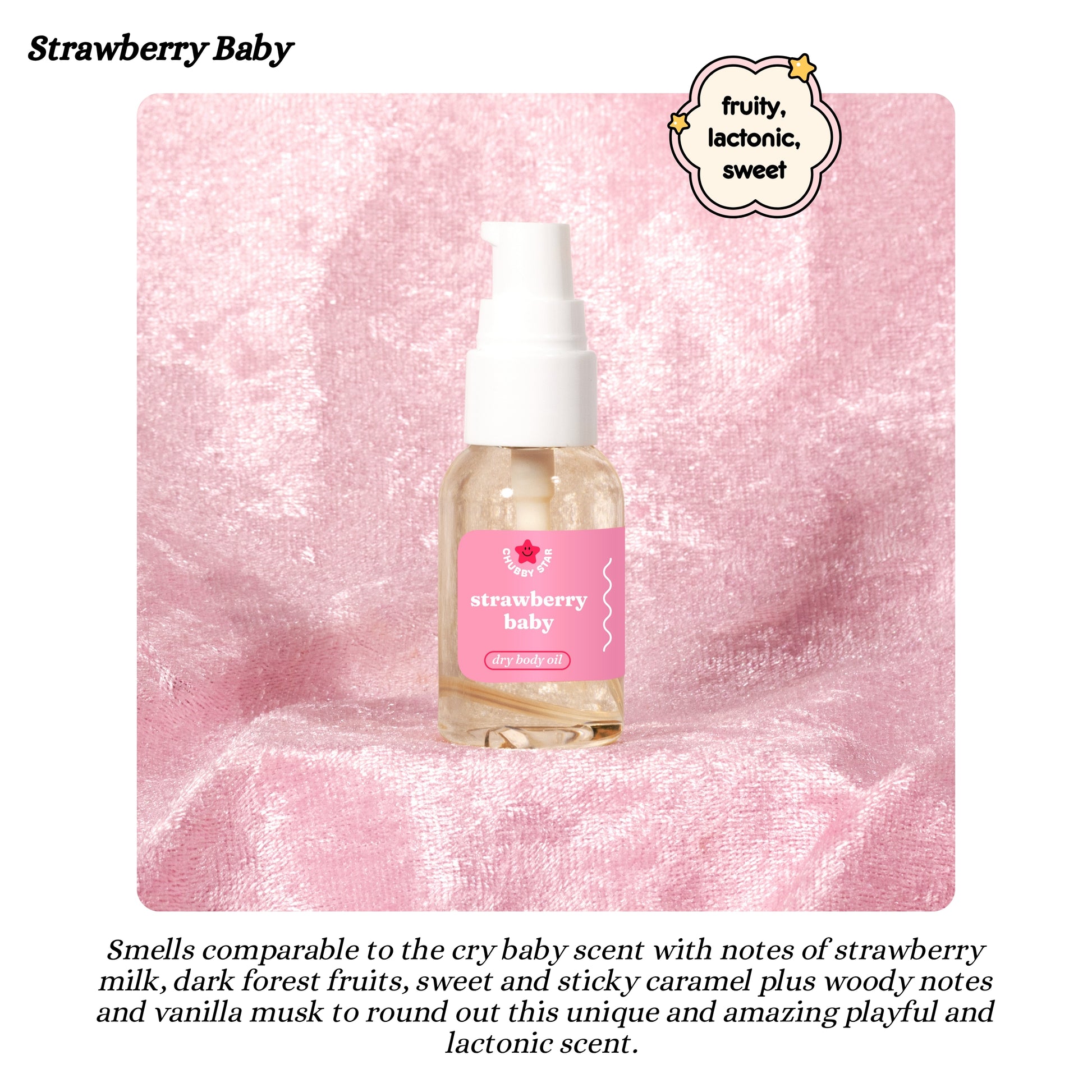 Bottle of 'Strawberry Baby' product on a pink textured background