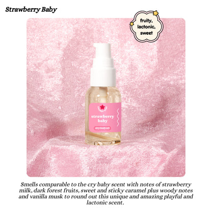 Bottle of 'Strawberry Baby' product on a pink textured background