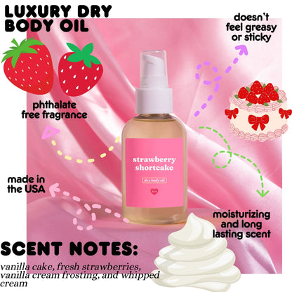 strawberry shortcake scented body oil on a white background with scent desciptions