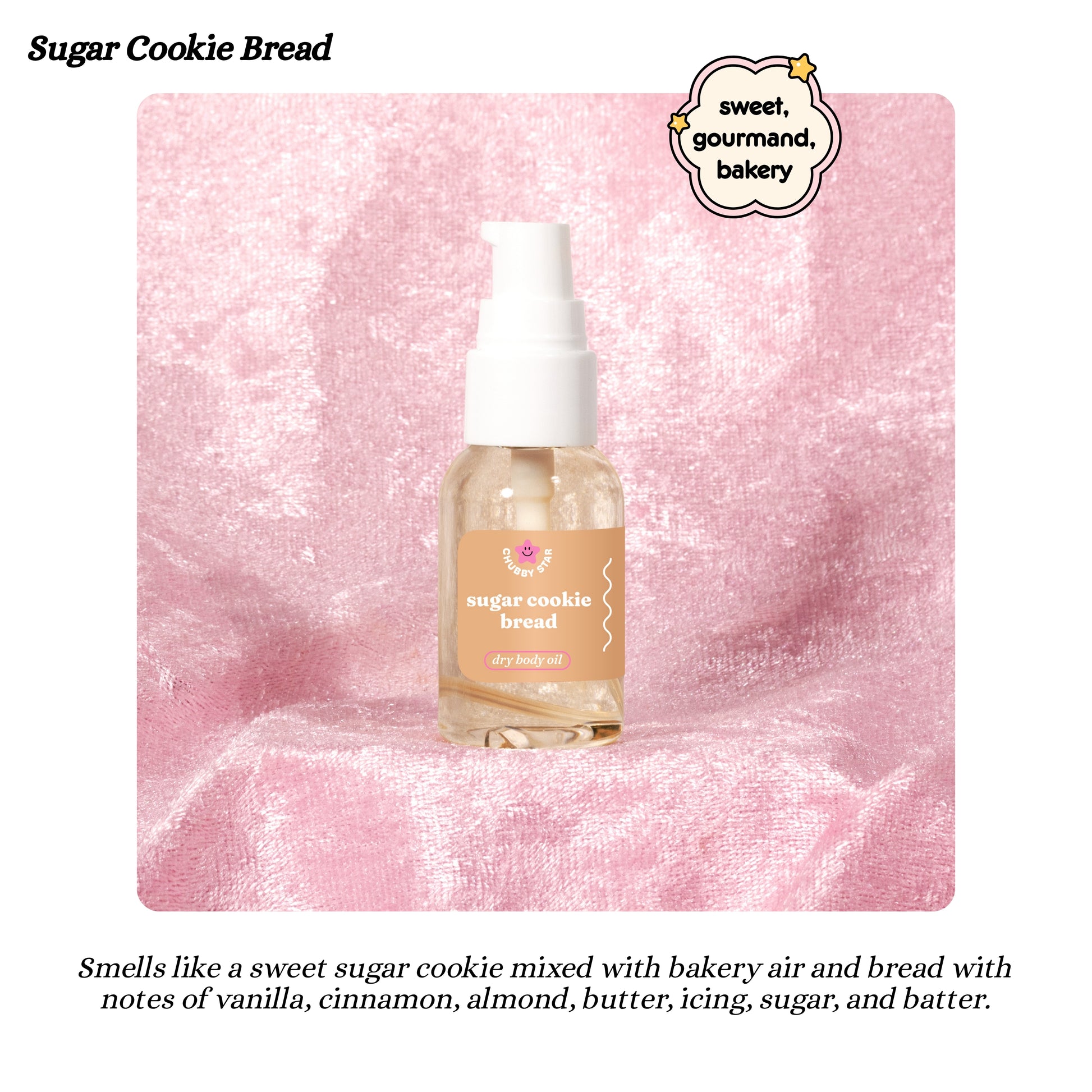 Bottle of 'Sugar Cookie Bread' body oil on a pink textured background with 'sweet, gourmand, bakery' branding.