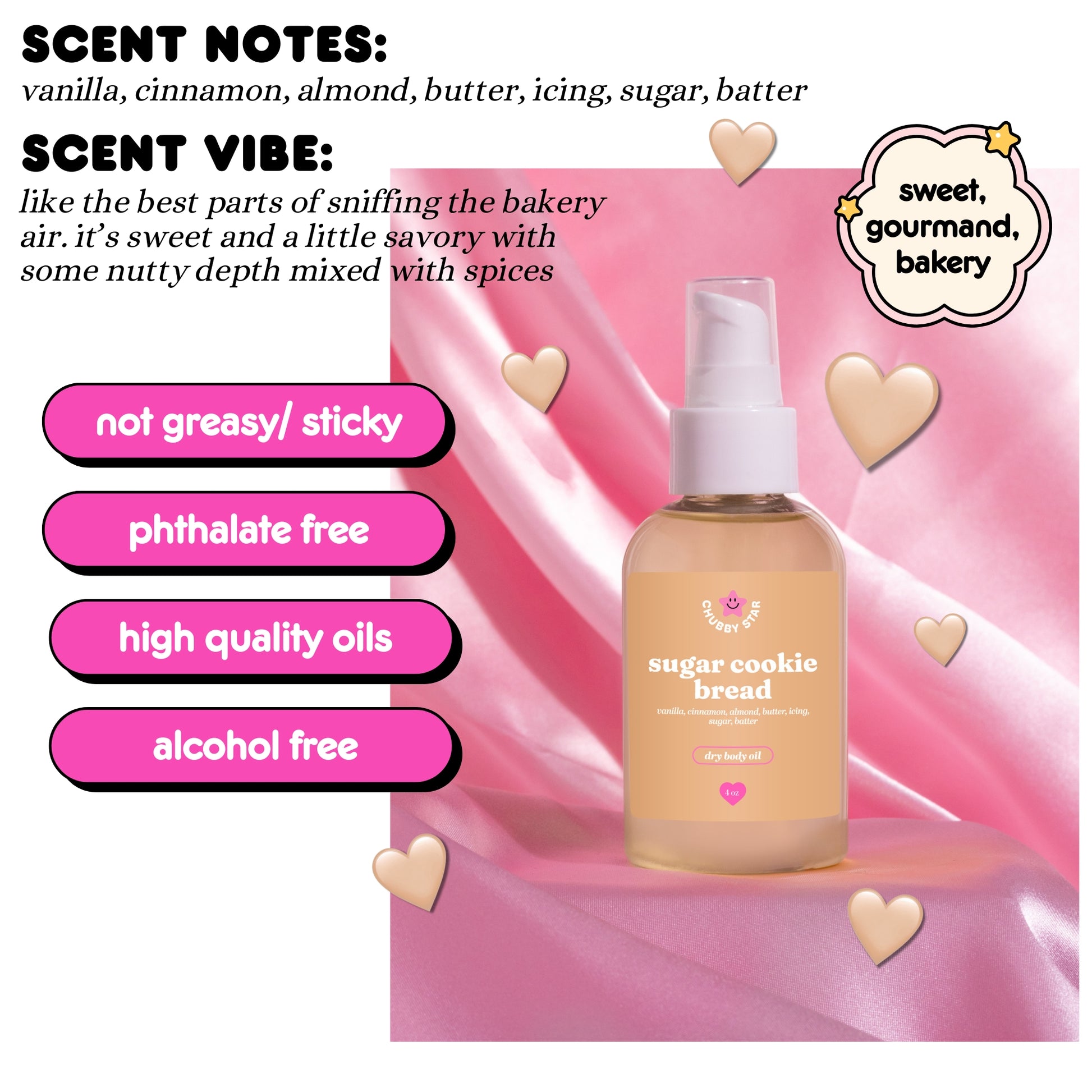 Bottle of 'sugar cookie bread' scented body oil with scent notes and vibe description on a pink background.