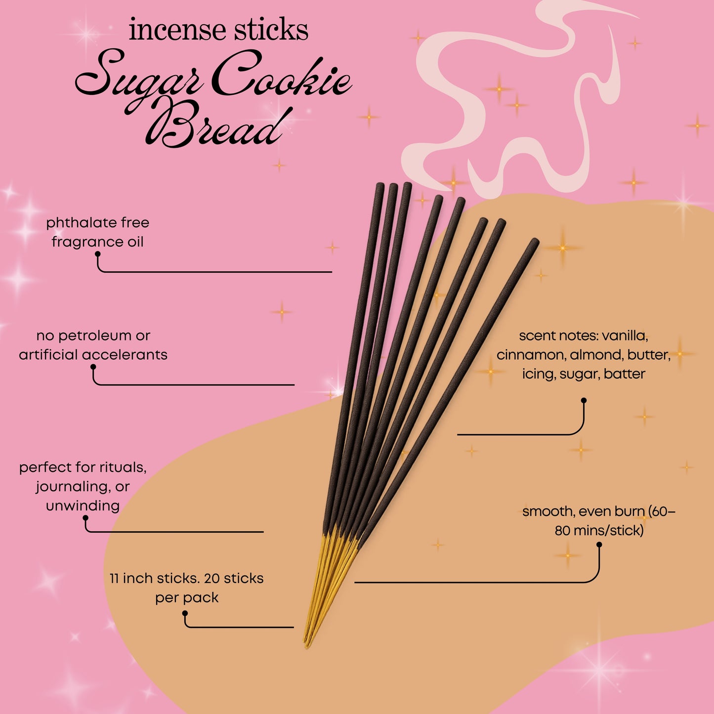 sugar cookie bread scented incense sticks with product details on a pink and beige background
