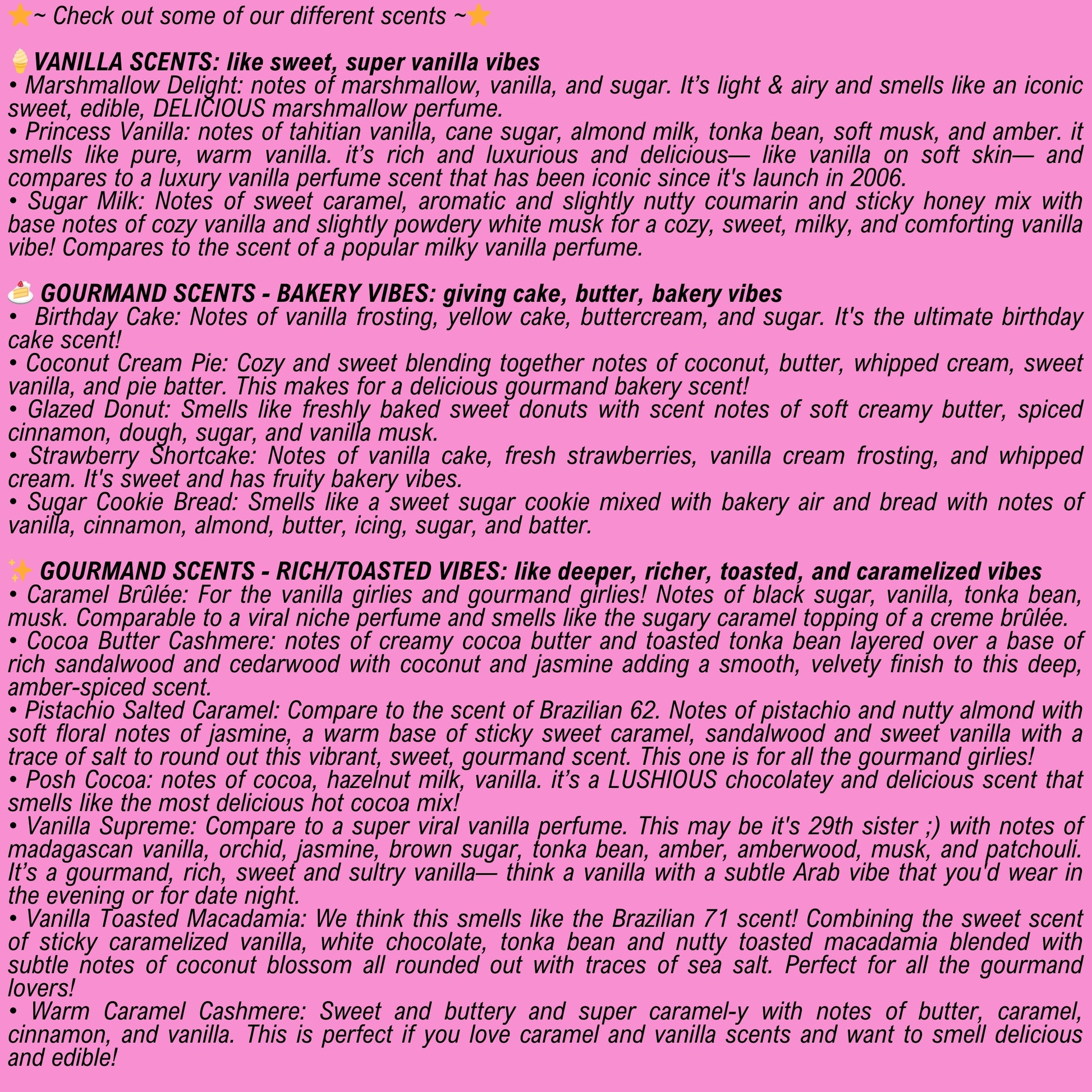 Text description of various vanilla and gourmand body care scents on a pink background