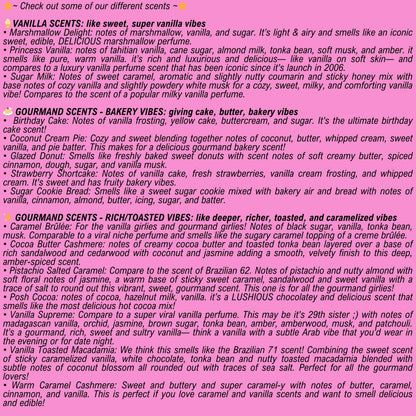 Text description of various vanilla and gourmand body care scents on a pink background