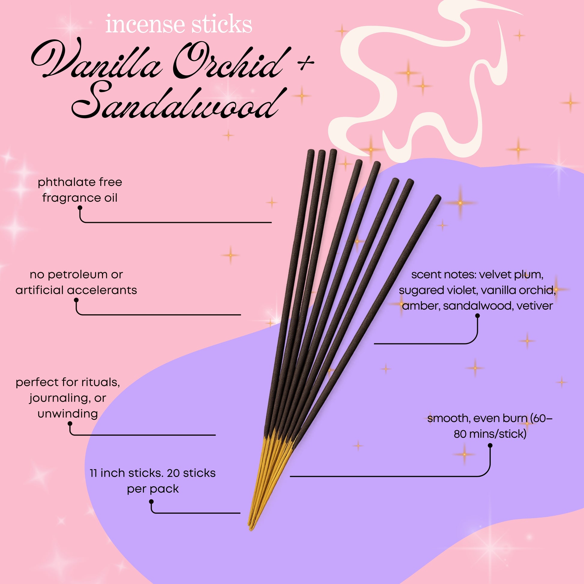 Incense sticks with vanilla orchid and sandalwood fragrance on a pink and purple background - inspired by brazilian chrush 59 scent
