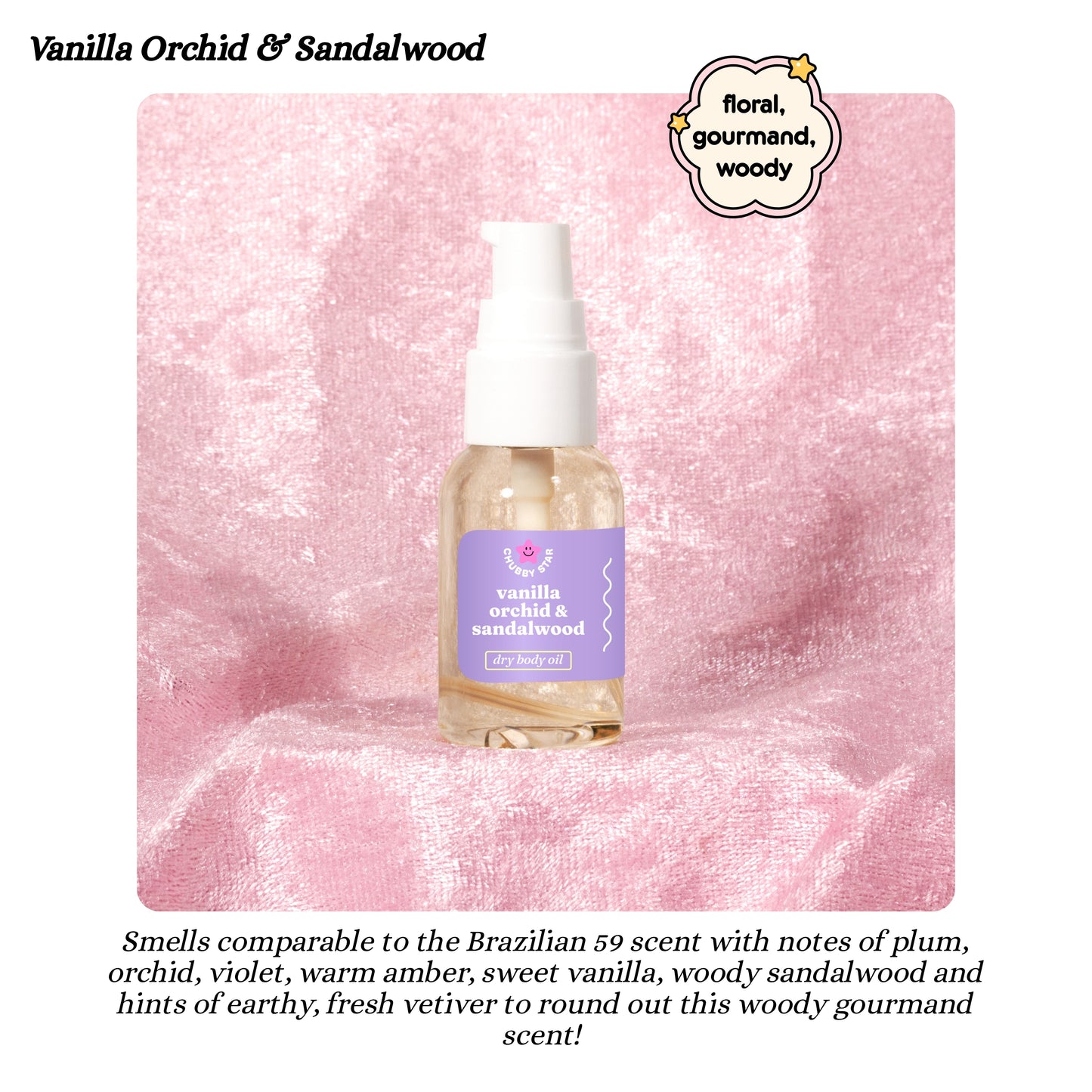 Bottle of Vanilla Orchid & Sandalwood 1 oz body oil on a pink textured background