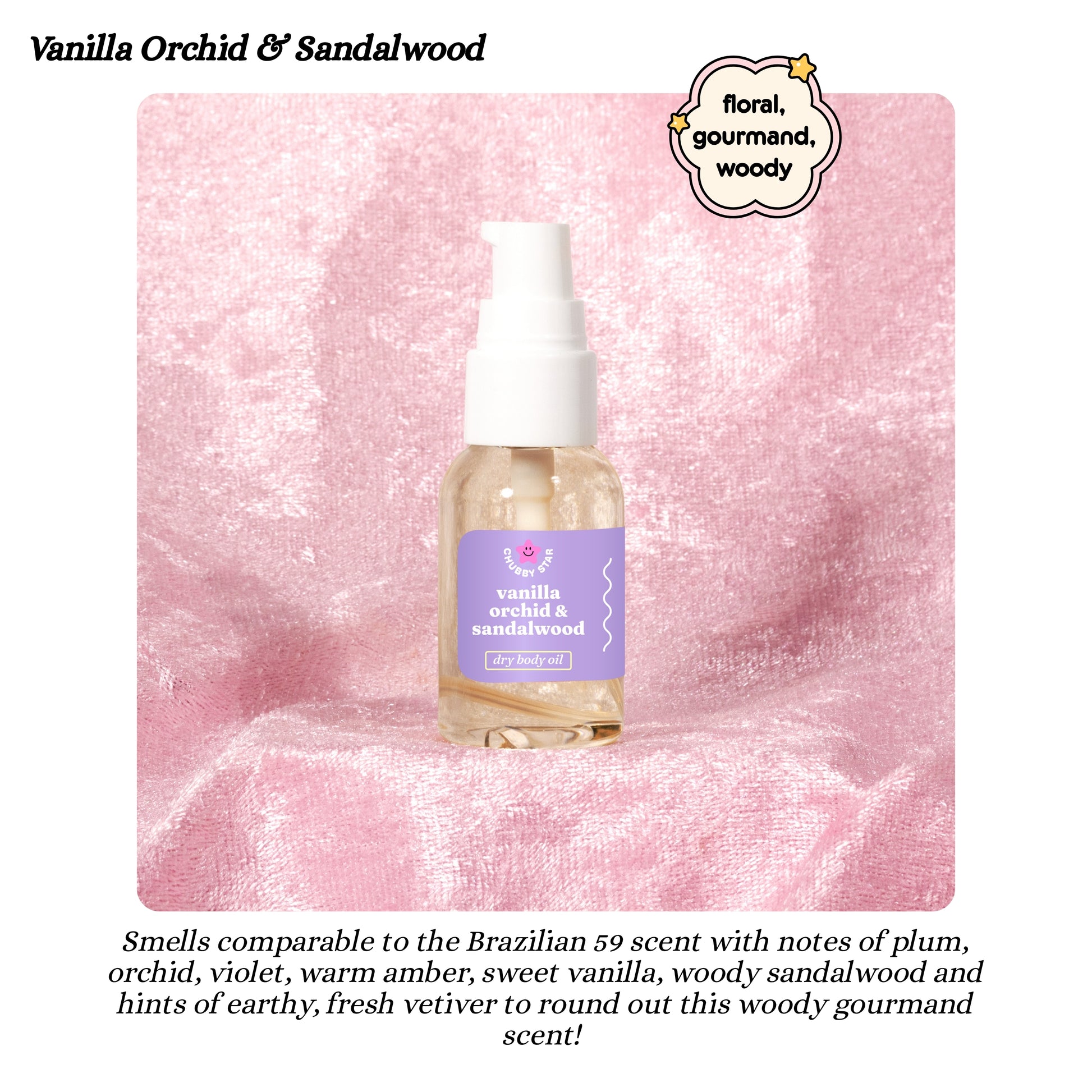 Bottle of Vanilla Orchid & Sandalwood 1 oz body oil on a pink textured background
