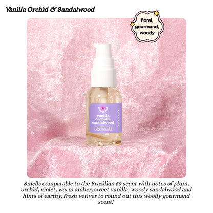Bottle of Vanilla Orchid & Sandalwood 1 oz body oil on a pink textured background