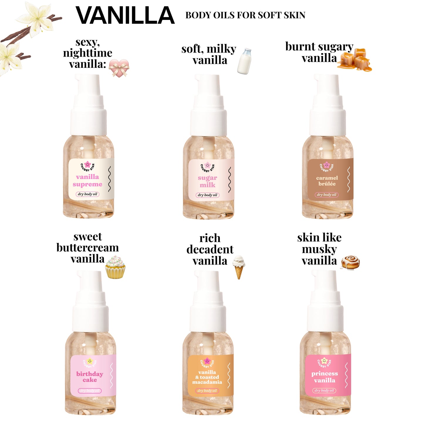 Six bottles of vanilla body oils with descriptive labels on a white background