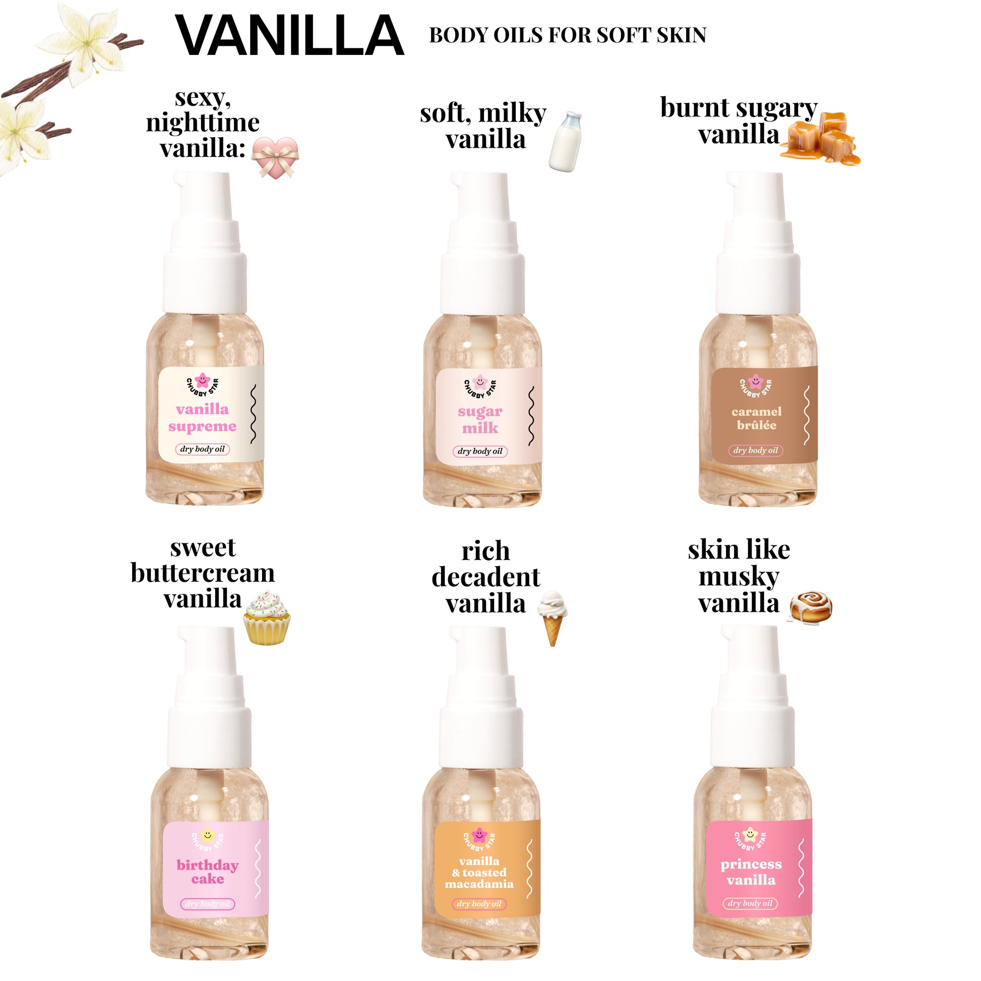 Six bottles of vanilla body oils with descriptive labels on a white background