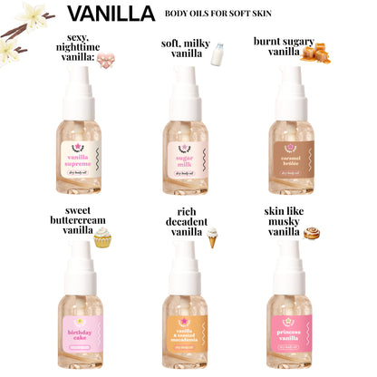 Six bottles of vanilla body oils with descriptive labels on a white background
