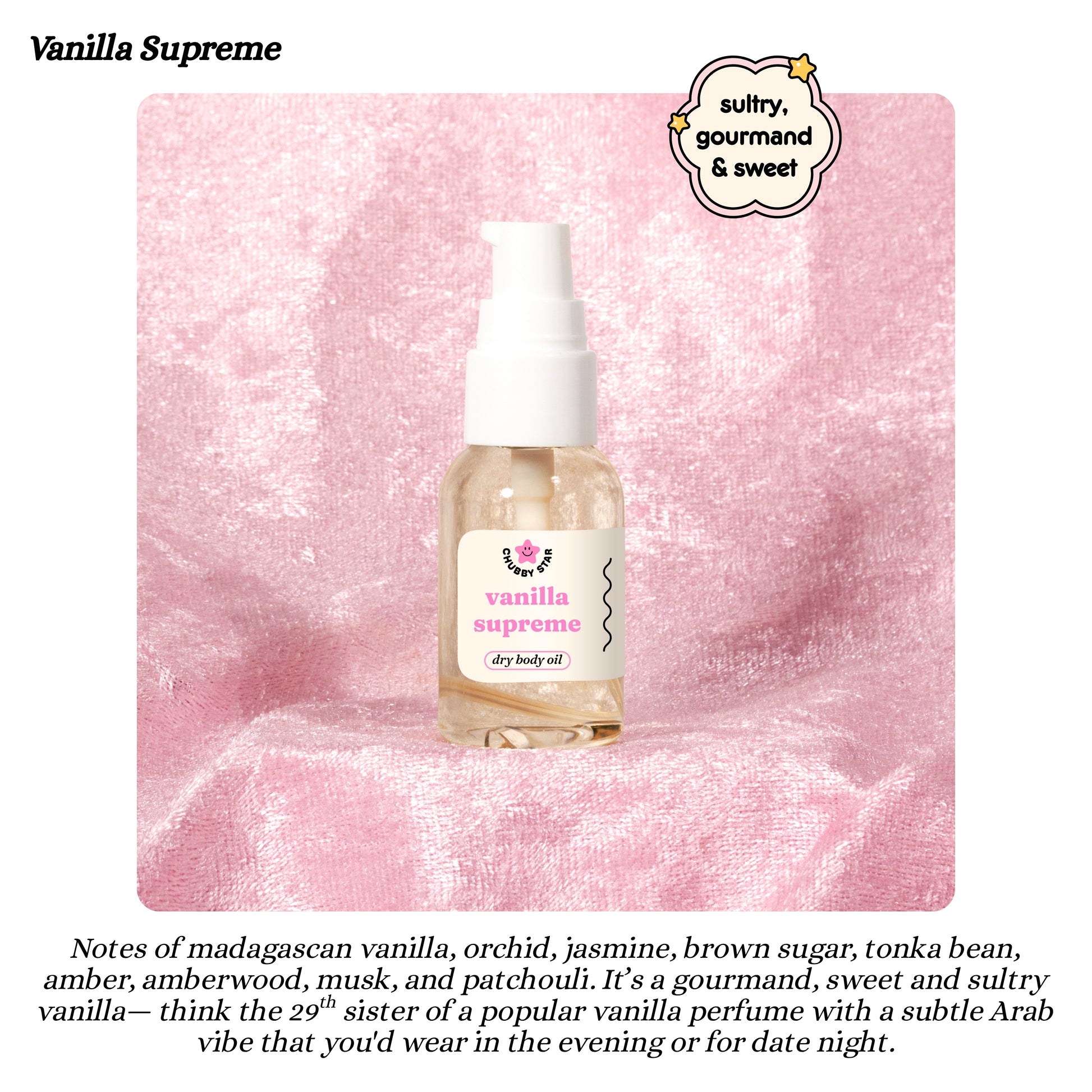 1 oz travel size Vanilla Supreme dry body oil bottle on a pink textured background