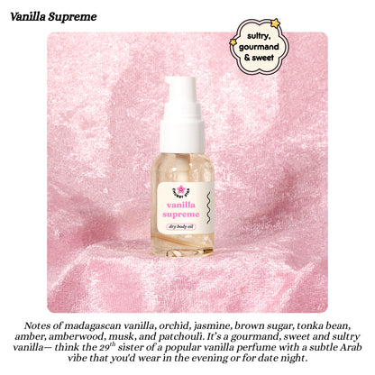 1 oz travel size Vanilla Supreme dry body oil bottle on a pink textured background