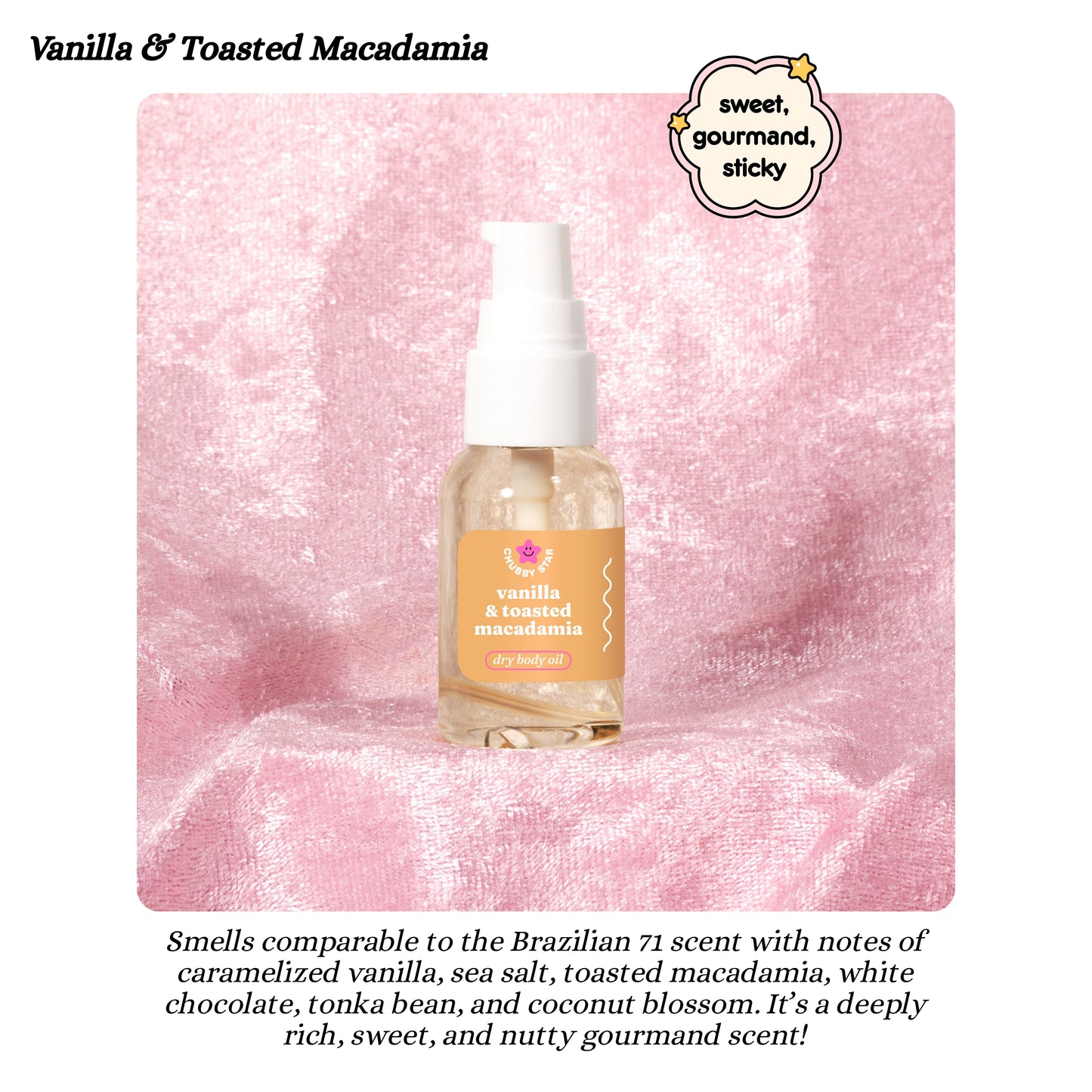 Bottle of Vanilla & Toasted Macadamia 1 oz dry body oil on a pink marble background