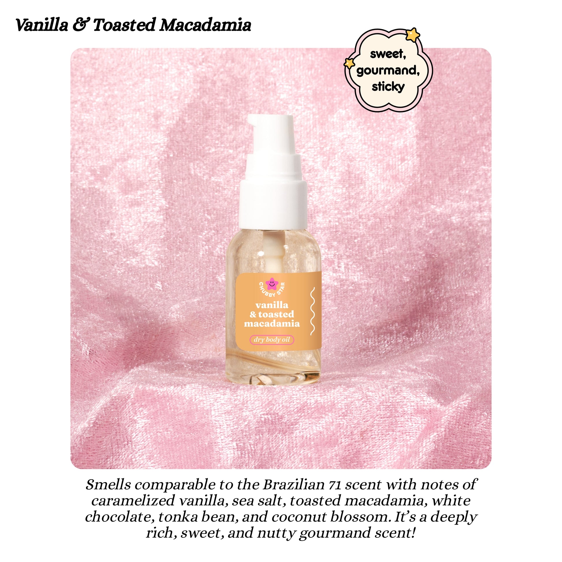 Bottle of Vanilla & Toasted Macadamia 1 oz dry body oil on a pink marble background