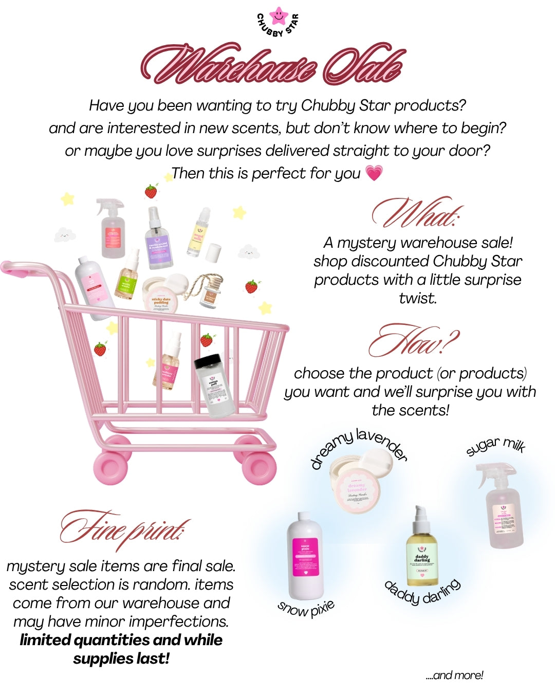 Promotional graphic for Chubby Star's 'Warehouse Oddities' mystery sale, featuring a pink shopping cart filled with various scented products like body oils and dusting powders, set against a white background with decorative text.