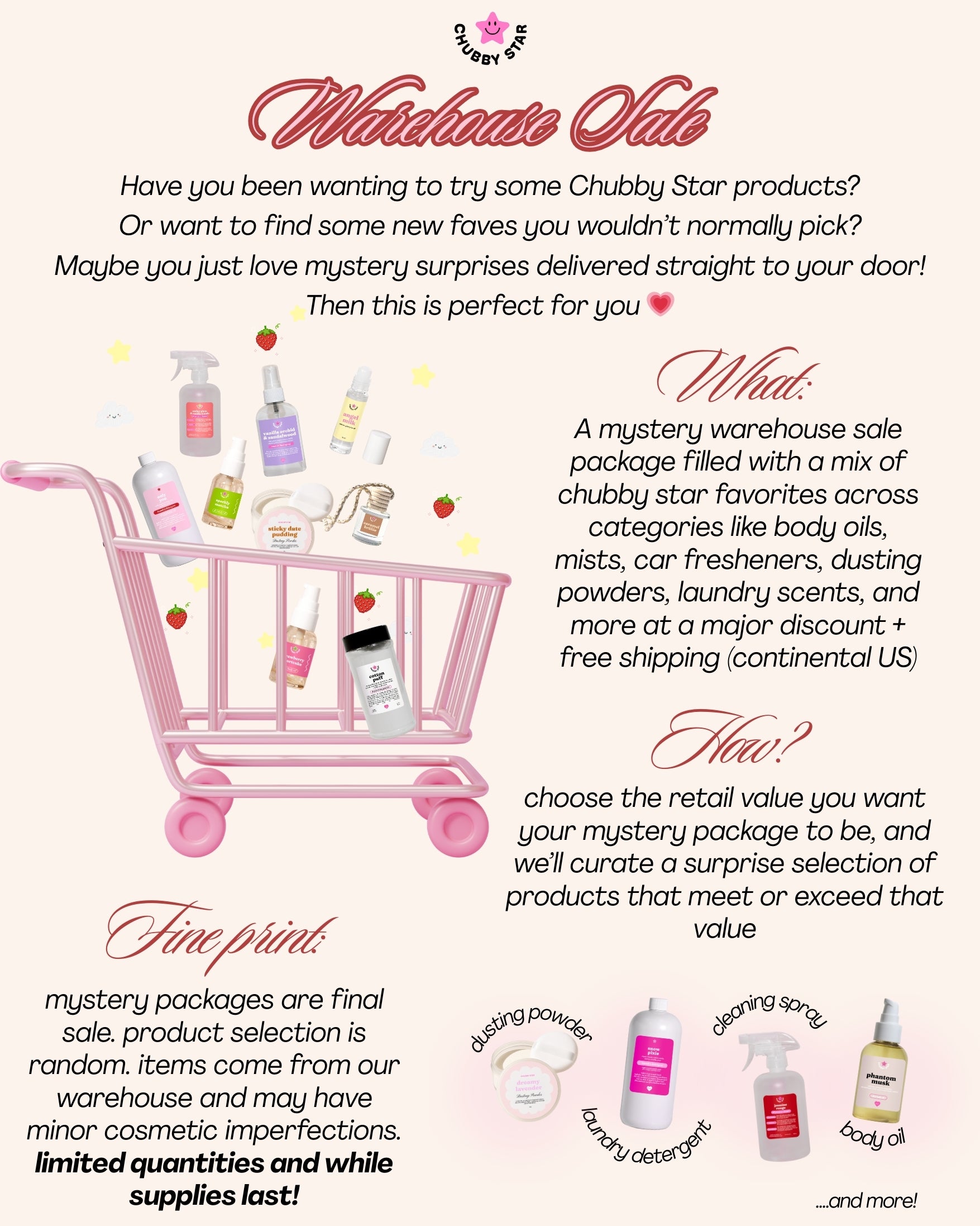 Promotional flyer for Chubby Star mystery warehouse sale package with a pink shopping cart and product images.