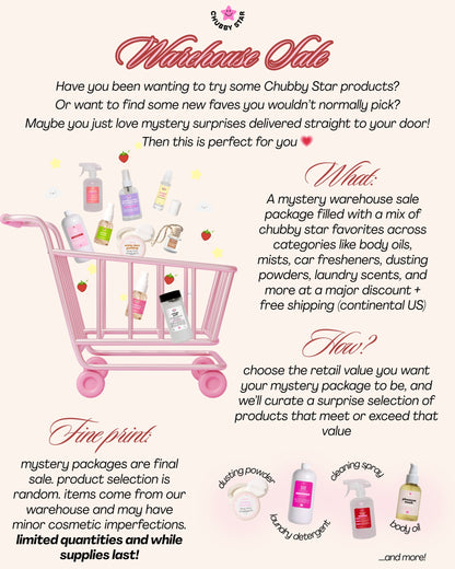 Promotional flyer for Chubby Star mystery warehouse sale package with a pink shopping cart and product images.